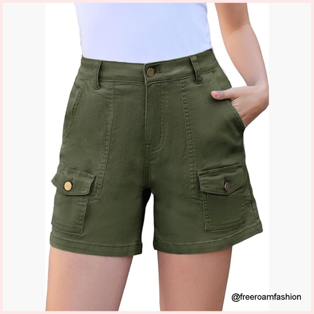 High Waisted Stretchy Cargo Denim Shorts 5 Inch Inseam Summer Jorts